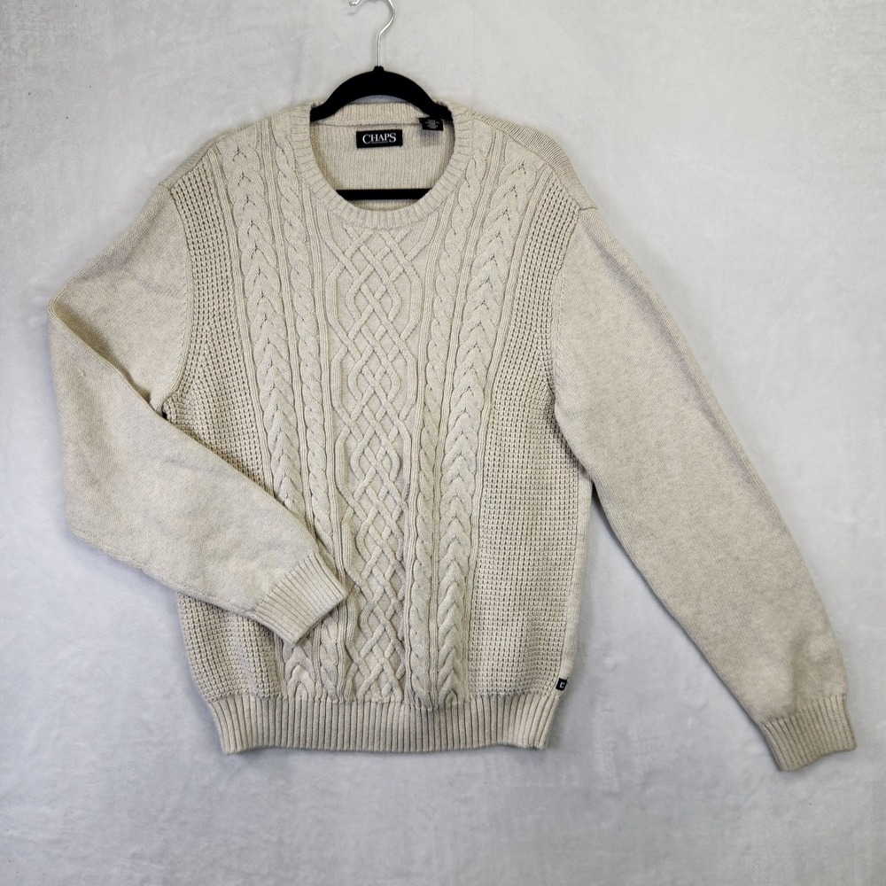 Chaps Men XL Cream Oatmeal Cable Knit Crewneck Sweater Mixed Texture Long Sleeve